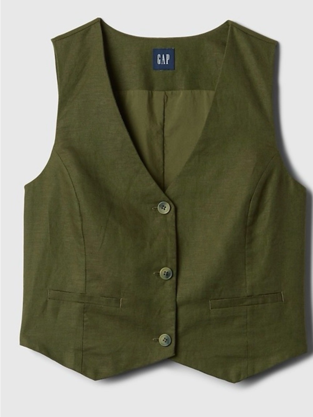GAP LINEN KHAKI GREEN COTTON VEST V- NECK SLEEVELESS  WOMENS SZ MEDIUM